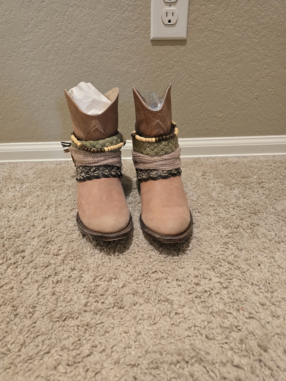 Tan Suede Ankle Boots with Braided & Bead Accents